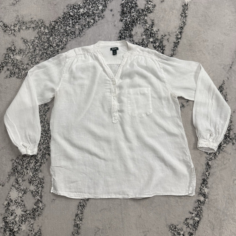 Roots Linen Blouse Womens Large White Pullover Long Sleeve Casual Boho